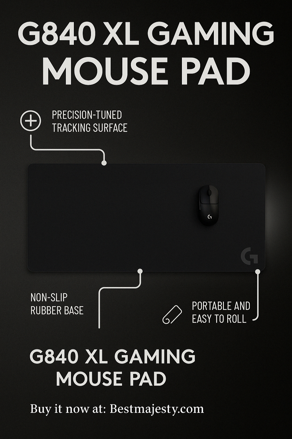 Logitech G840 XL Cloth Gaming Mouse Pad, Thin Pad, Stable Rubber Base, Performance-tuned Moderate surface friction, Durable tube for transport - Black
